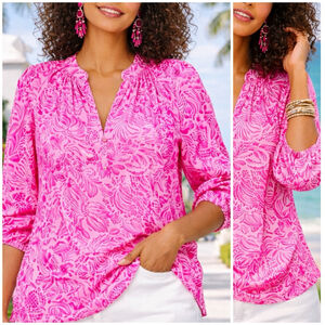 Lilly Pulitzer Womans Top Pink Black Floral Silk Blouse XL